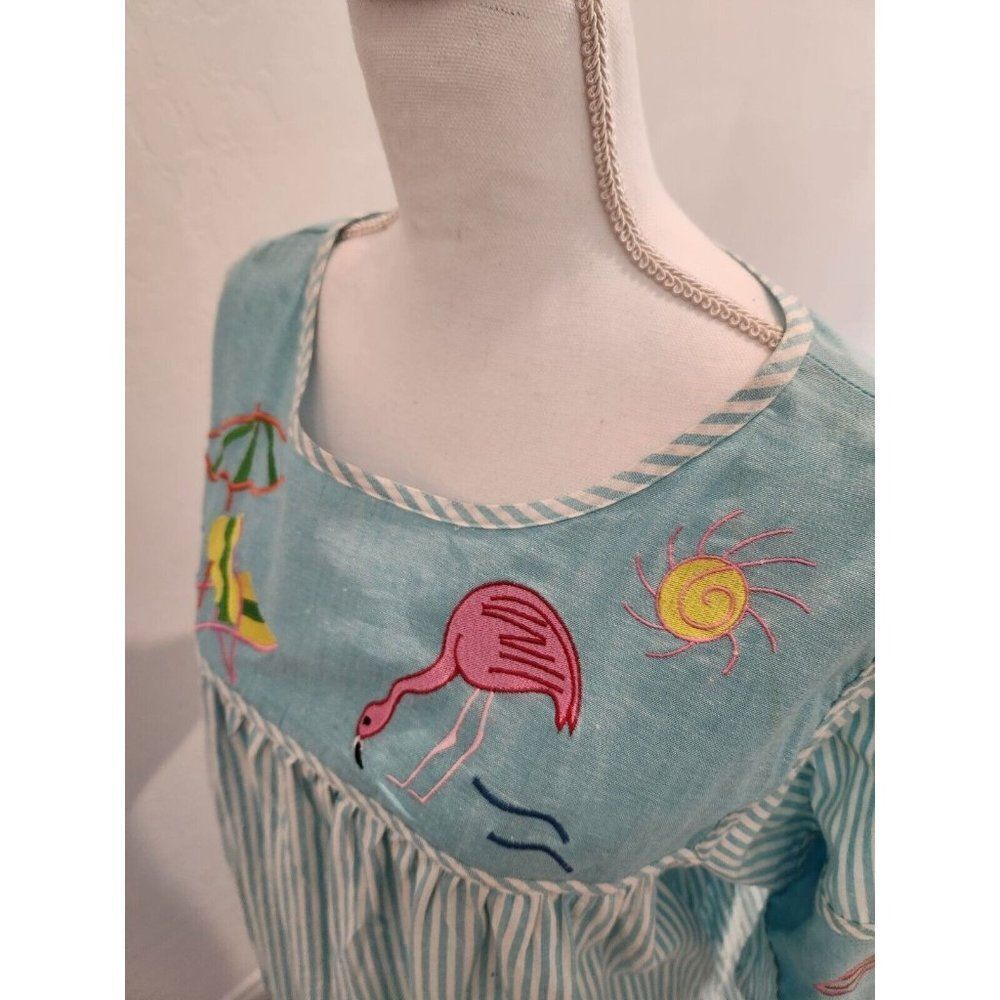 Vintage 80s Blue Flamingo MuuMuu Dress L Cotton Kaftan Patio Summer Cotton - Picture 6 of 9